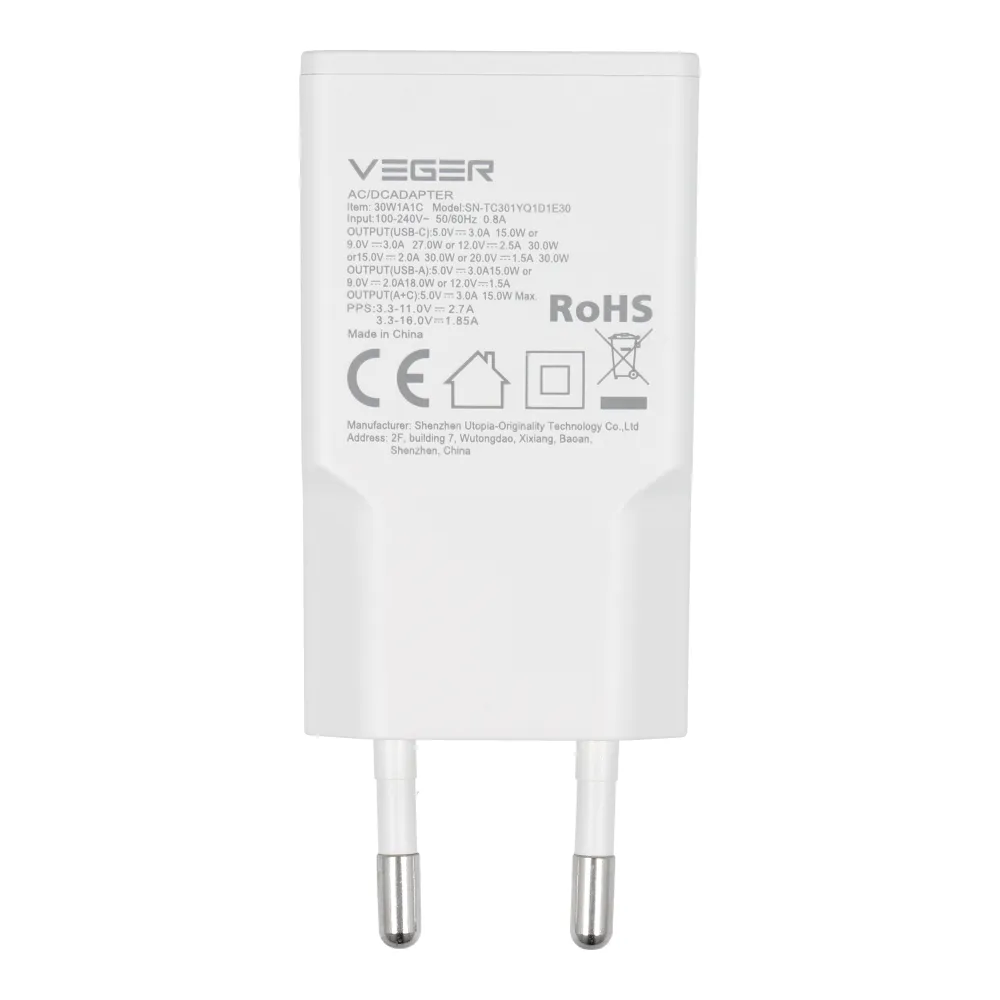 Phone charger VEGER USB A + USB C QC PD 30W 30W1A1C white