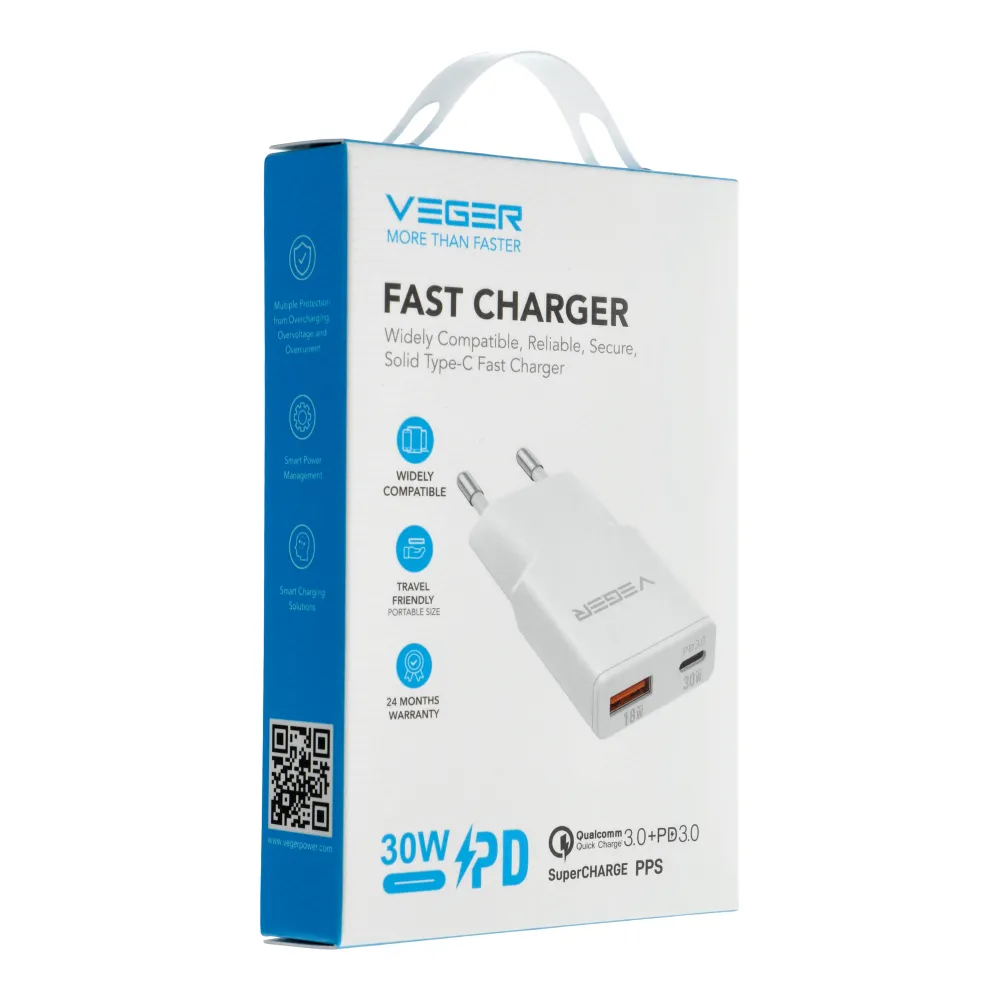 Phone charger VEGER USB A + USB C QC PD 30W 30W1A1C white