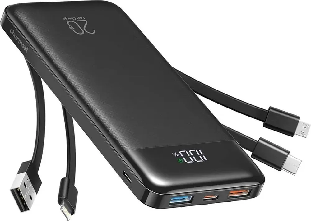 Powerbank Charmast W1148 5V 3A 10000 mAh with built-in cables USB A / USB C / Lightning / Micro USB black