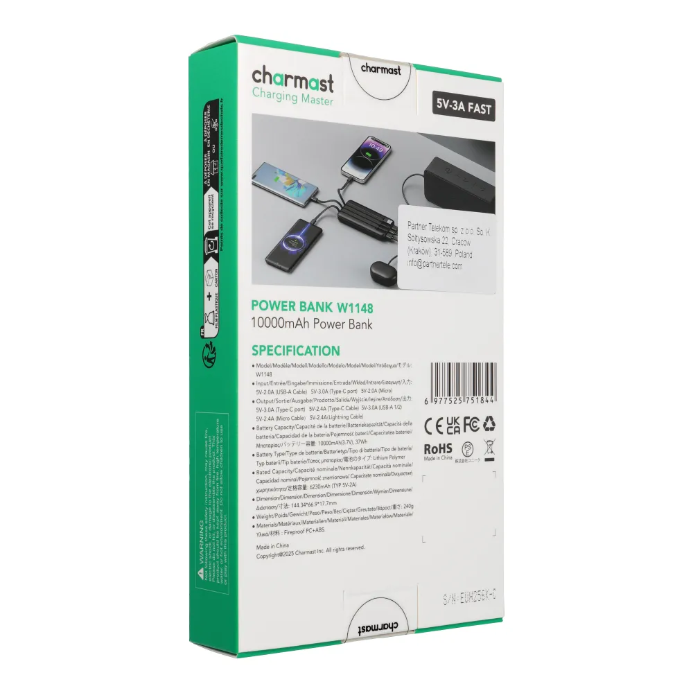 Powerbank Charmast W1148 5V 3A 10000 mAh with built-in cables USB A / USB C / Lightning / Micro USB black