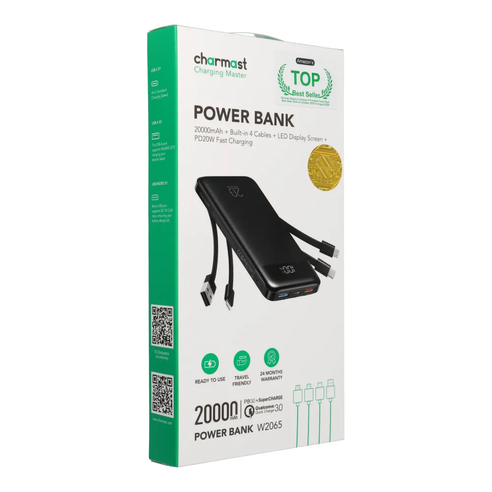 Powerbank Charmast W2065 PD3.0 3A 22,5W 20000 mAh with built-in cables USB A / USB C / Lightning / Micro USB black