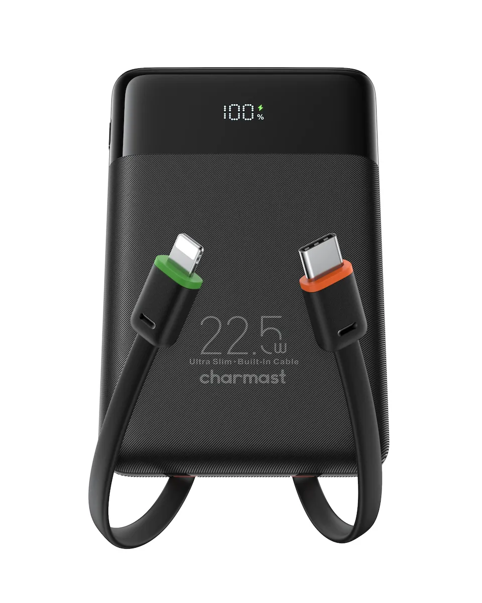 Powerbank Charmast W1202 PD3.0 3A 22,5W 10000 mAh with built-in cables USB C / Lightning black