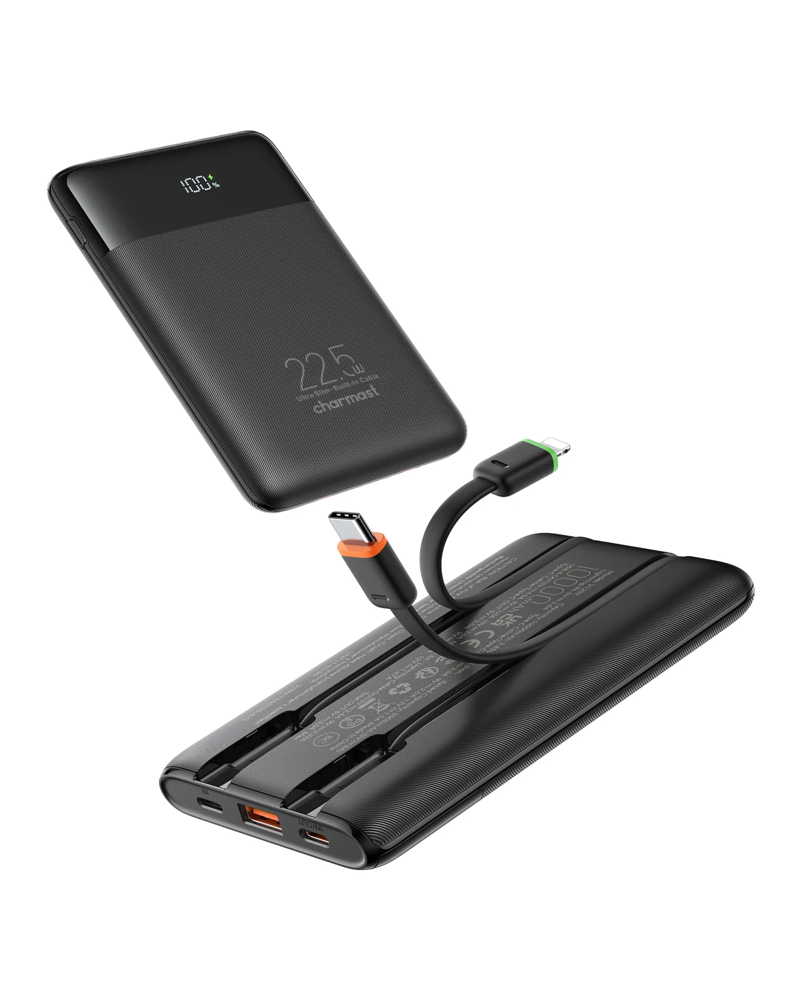 Powerbank Charmast W1202 PD3.0 3A 22,5W 10000 mAh with built-in cables USB C / Lightning black