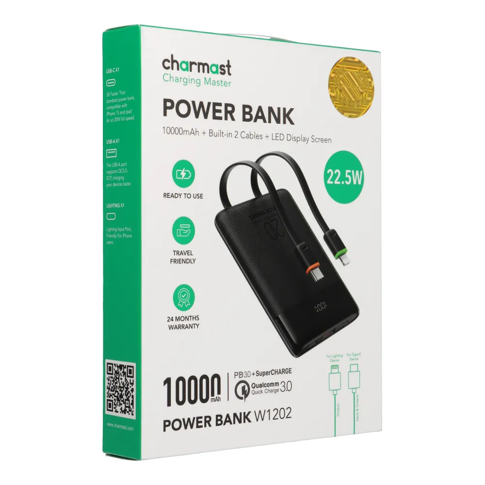 Powerbank Charmast W1202 PD3.0 3A 22,5W 10000 mAh with built-in cables USB C / Lightning black
