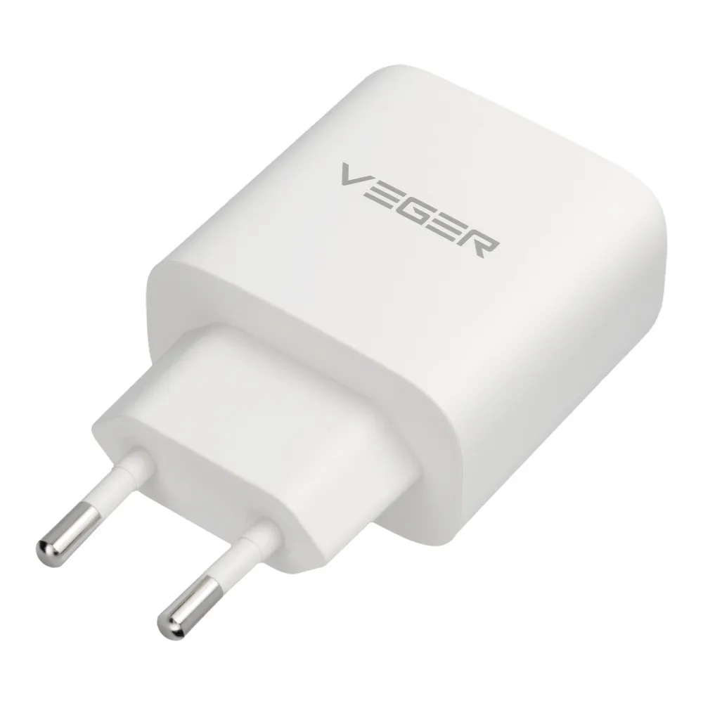 Phone charger VEGER USB A + Typ C PD QC3.0 3,25A 65W + cable USB C to USB C TR67 white