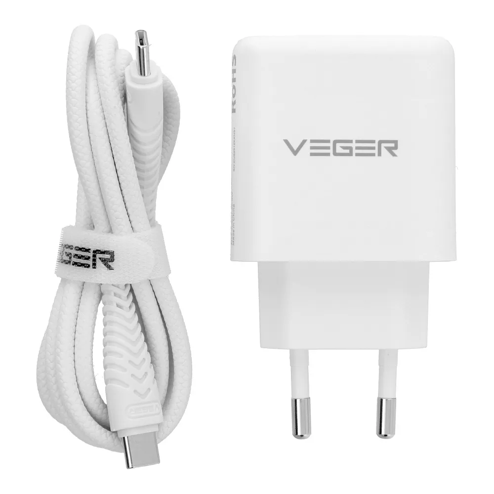 Phone charger VEGER USB A + Typ C PD QC3.0 3,25A 65W + cable USB C to USB C TR67 white