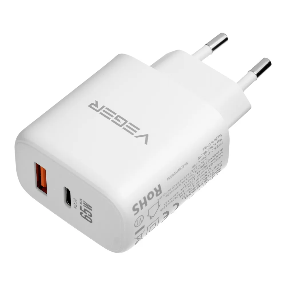 Phone charger VEGER USB A + Typ C PD QC3.0 3,25A 65W + cable USB C to USB C TR67 white