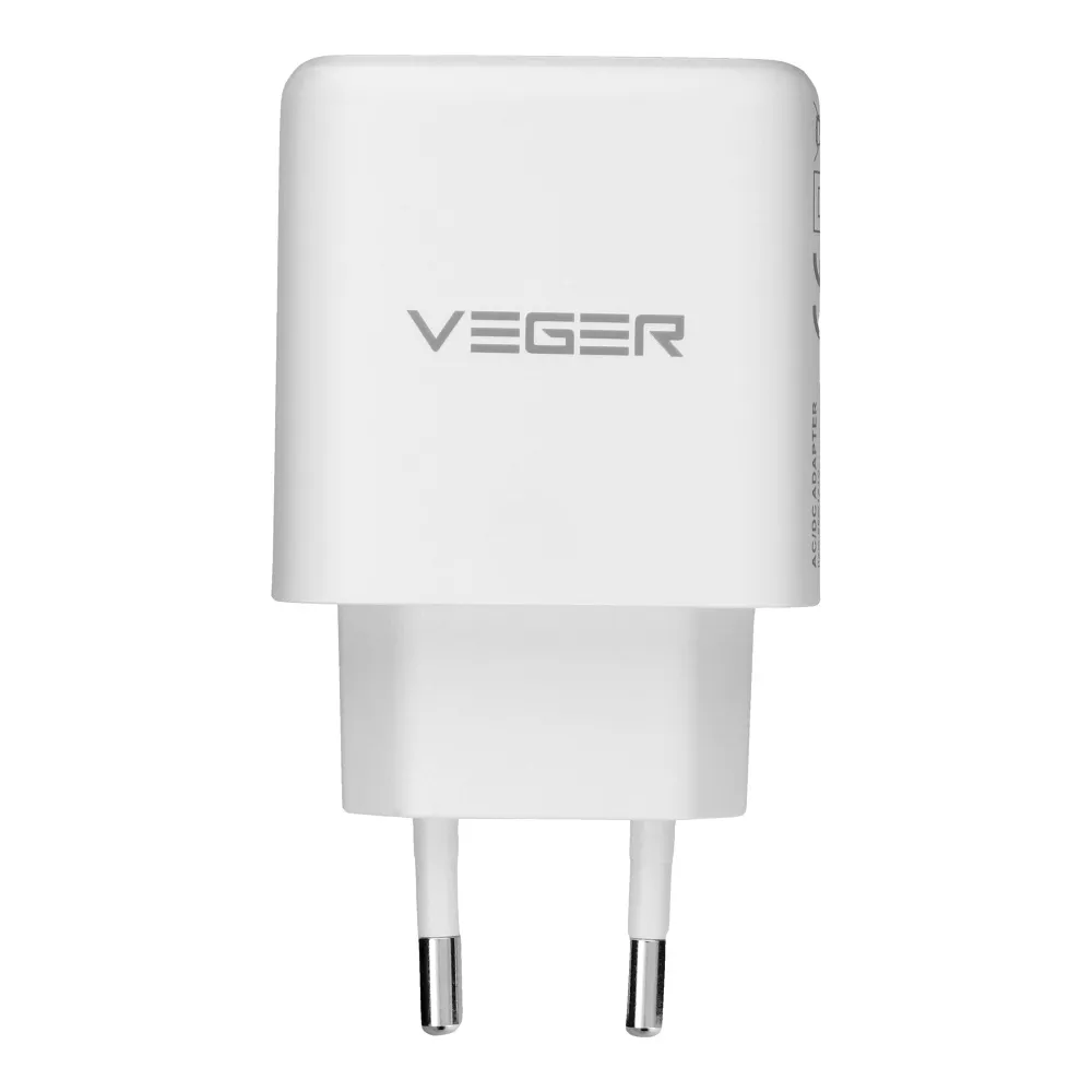 Phone charger VEGER USB A + Typ C PD QC3.0 3,25A 65W + cable USB C to USB C TR67 white