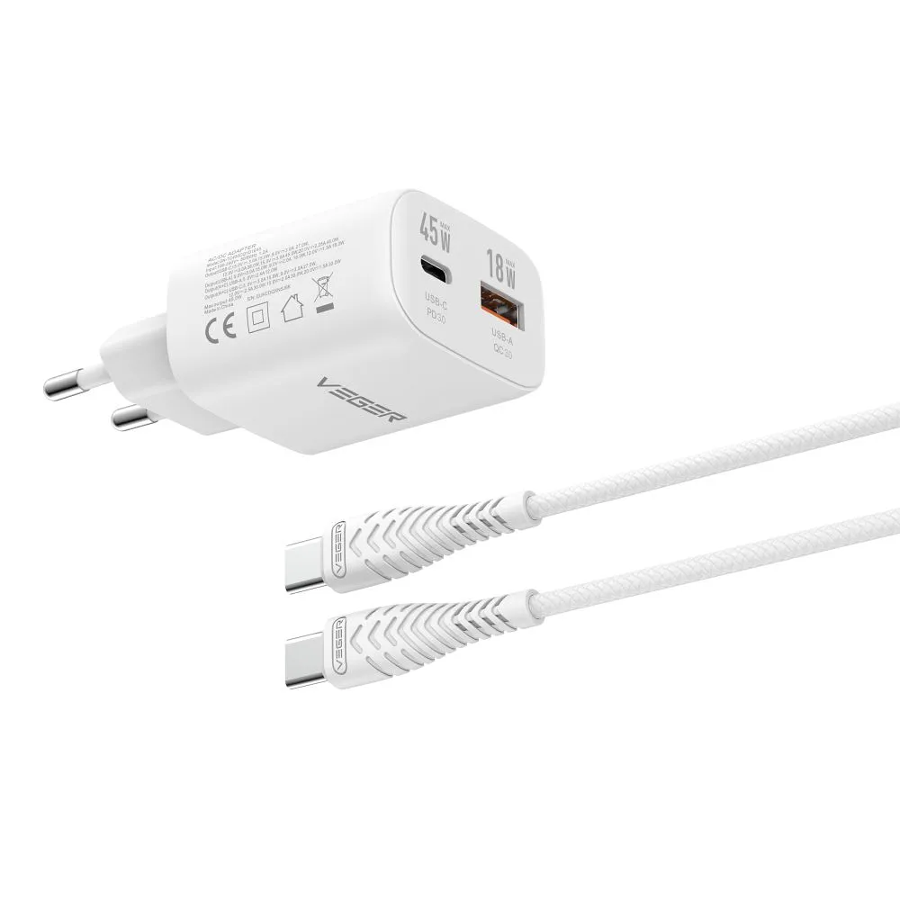 Phone charger VEGER USB A + Type C PD Super Charge PPS 45W + data cable Type C to C 100W TR101 white