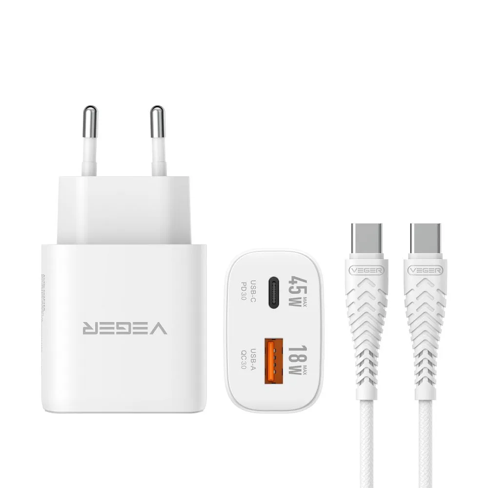 Phone charger VEGER USB A + Type C PD Super Charge PPS 45W + data cable Type C to C 100W TR101 white