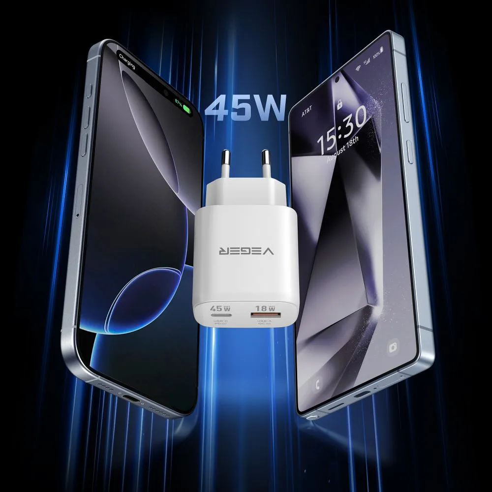 Phone charger VEGER USB A + Type C PD Super Charge PPS 45W + data cable Type C to C 100W TR101 white
