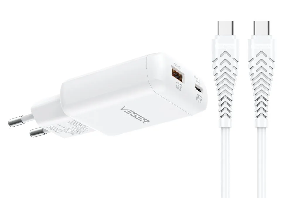 Phone charger USB A + Type C PD 65W + data cable Type C to C 100W VEGER TR122 white