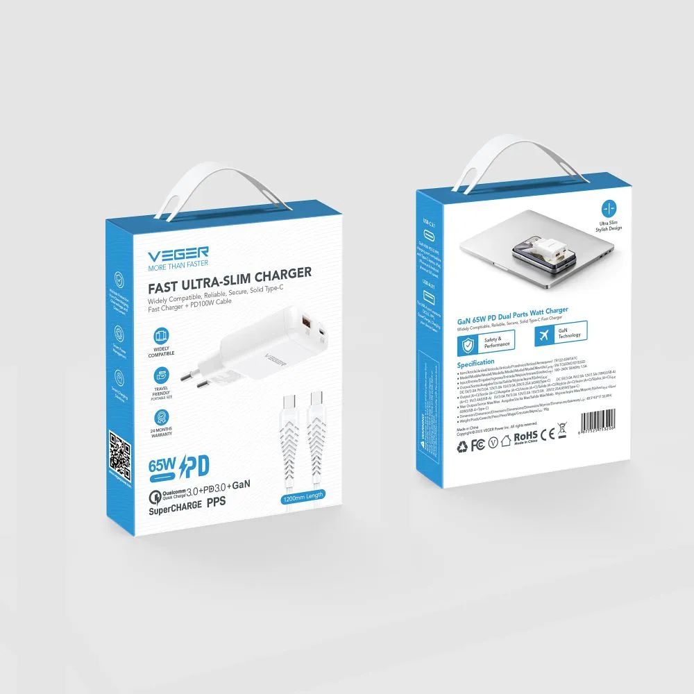 Phone charger USB A + Type C PD 65W + data cable Type C to C 100W VEGER TR122 white