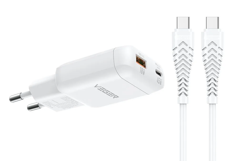 Phone charger USB A + Type C PD 45W + data cable Type C to C 100W VEGER TR121 white
