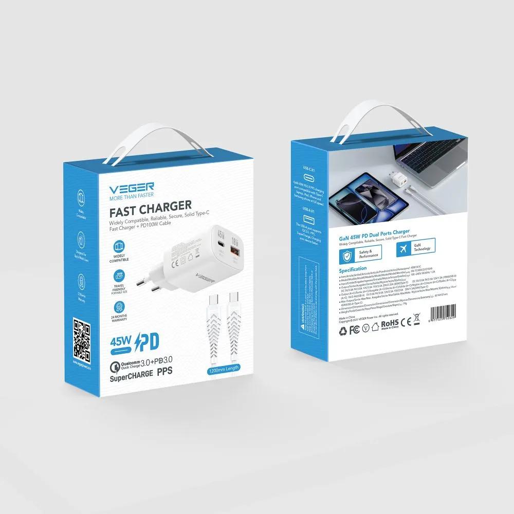 Phone charger USB A + Type C PD 45W + data cable Type C to C 100W VEGER TR121 white