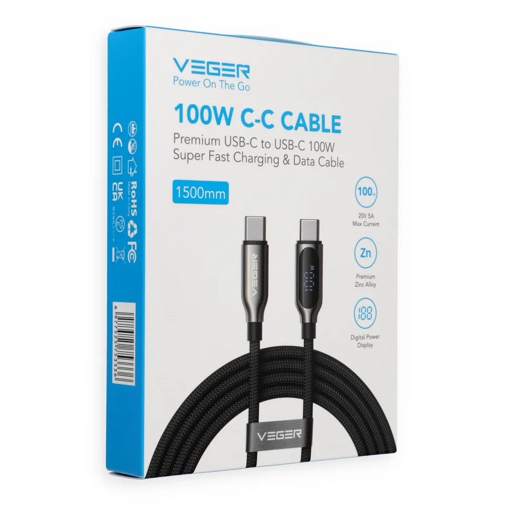 Cable with LED display Type C to Type C VEGER PD 5A 100W CC1-XHJ 1,5 m black
