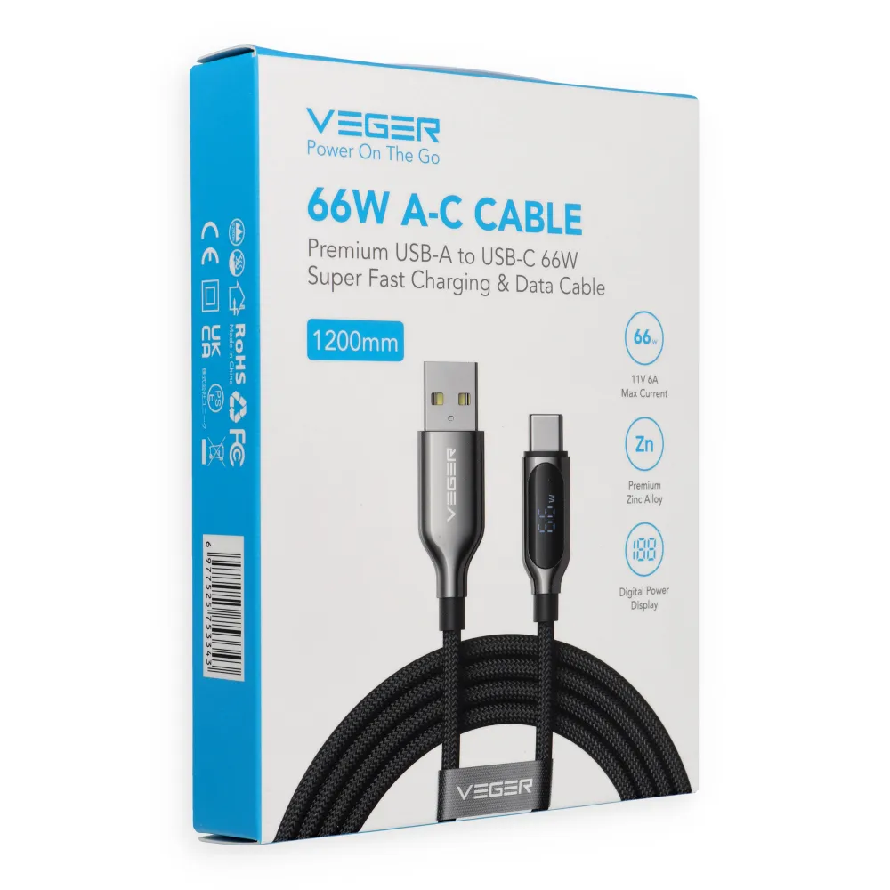 Cable with LED display USB A to Type C VEGER PD 3A 66W AC1-XHJ 1,2 m black