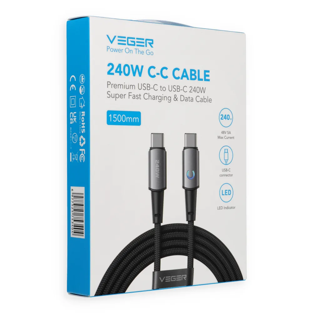 Cable with LED light indicator Type C to Type C VEGER PD 5A 240W CC2-ZSD 1,5 m black