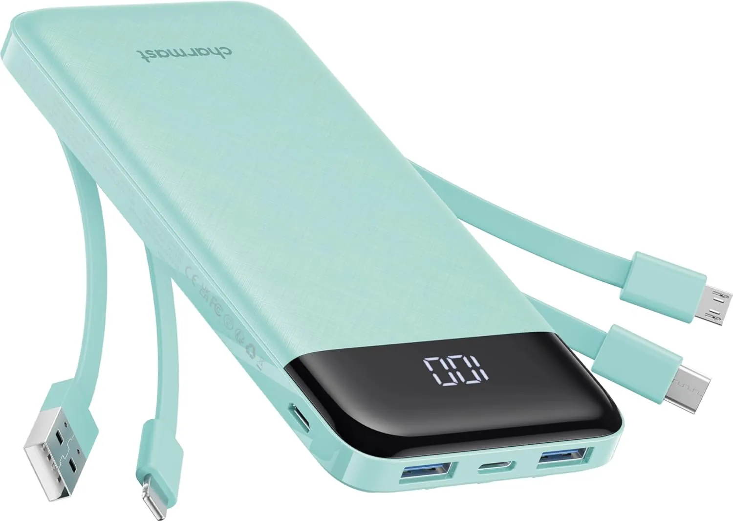 Powerbank 5V 3A 10000 mAh with built-in cables USB A / USB C / Lightning / Micro USB Charmast W1148 green