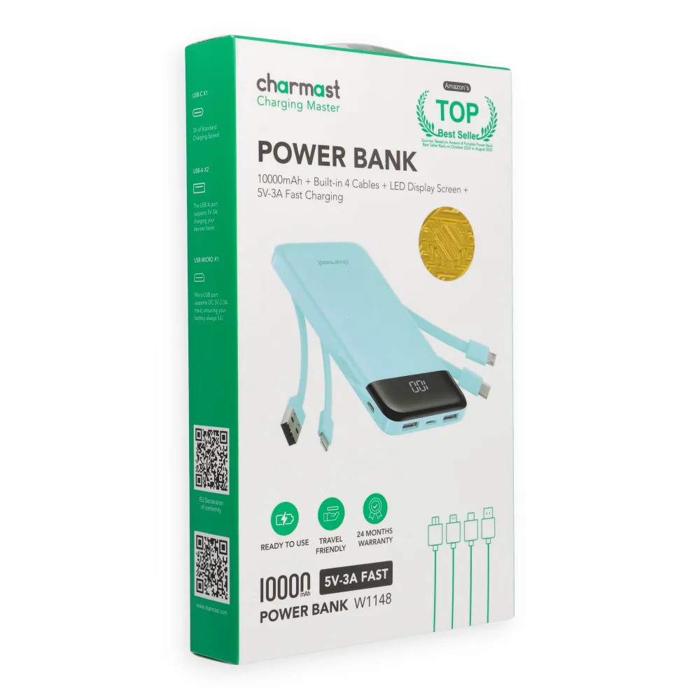 Powerbank 5V 3A 10000 mAh with built-in cables USB A / USB C / Lightning / Micro USB Charmast W1148 green
