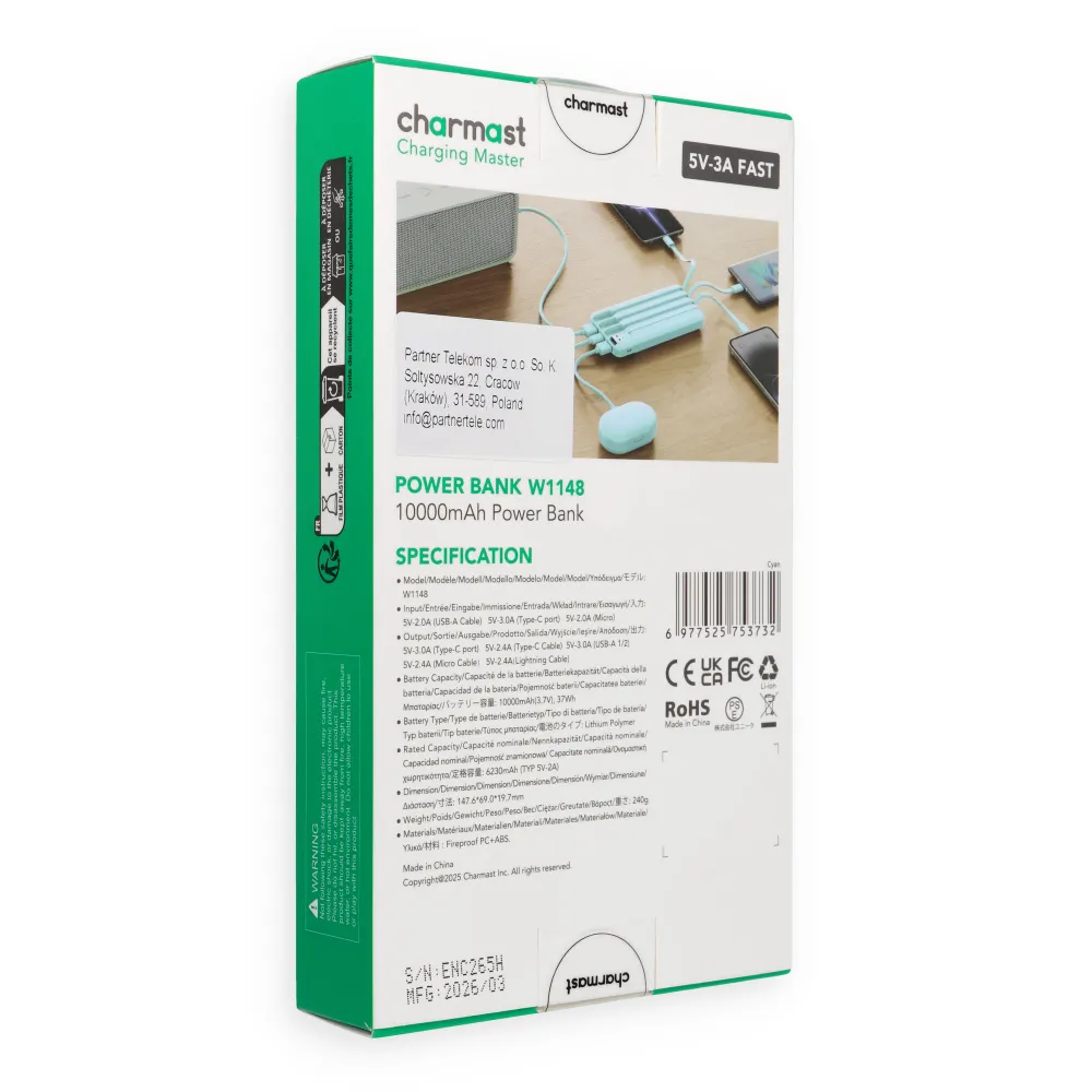 Powerbank 5V 3A 10000 mAh with built-in cables USB A / USB C / Lightning / Micro USB Charmast W1148 green