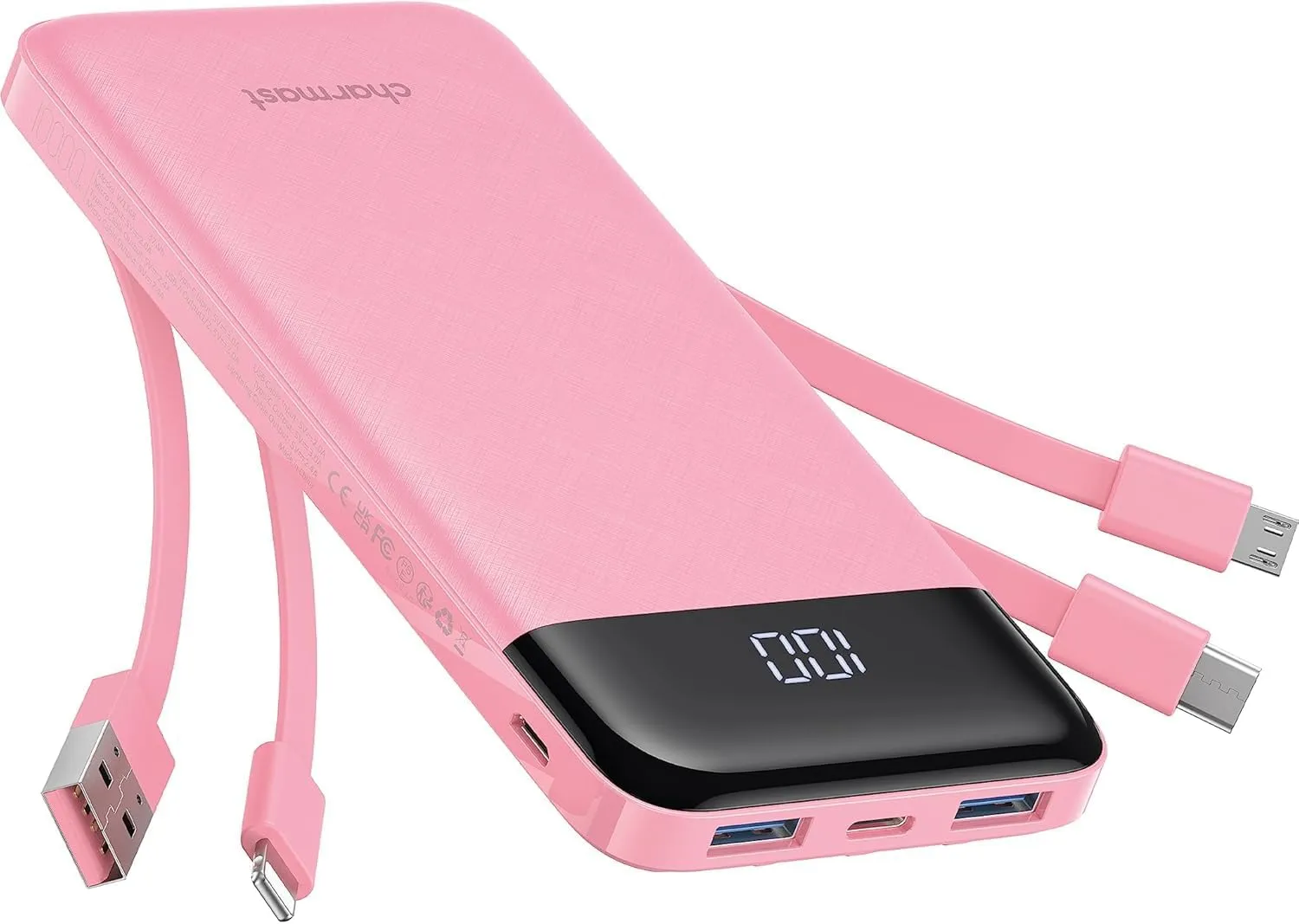 Powerbank 5V 3A 10000 mAh with built-in cables USB A / USB C / Lightning / Micro USB Charmast W1148 pink