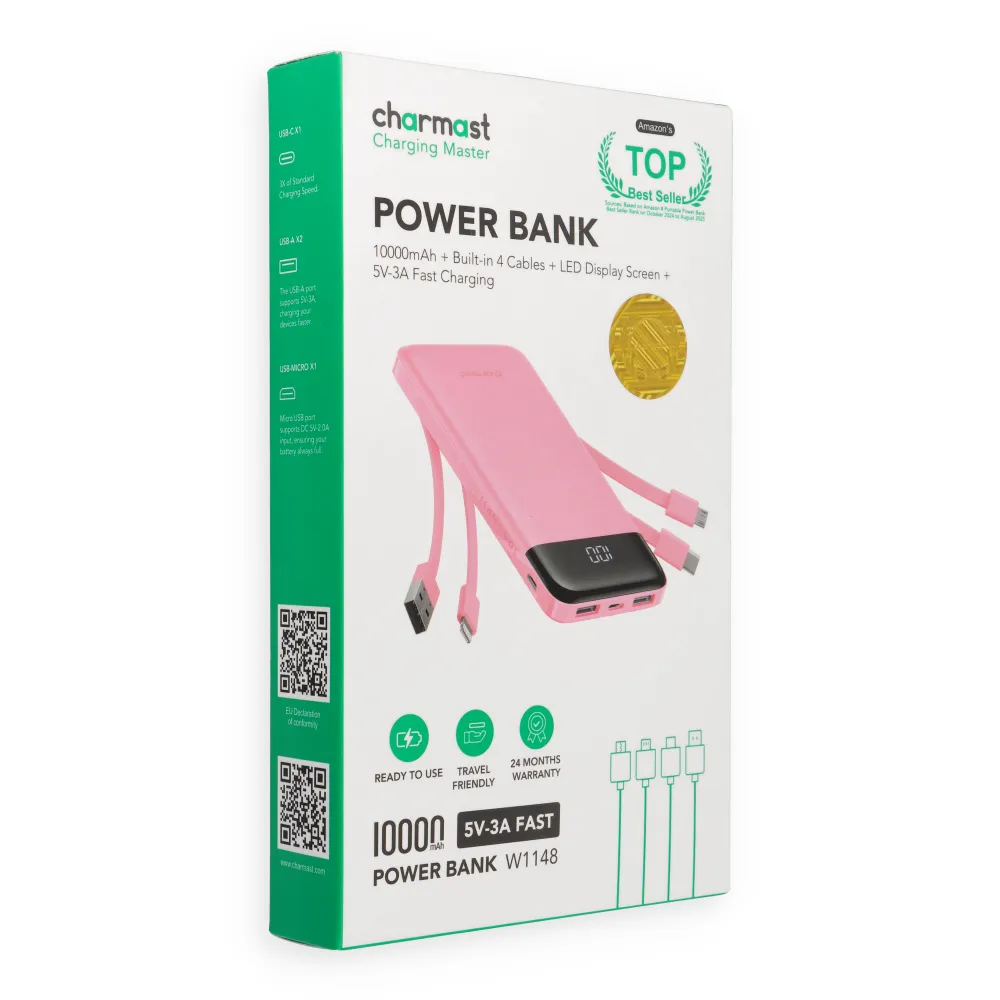 Powerbank 5V 3A 10000 mAh with built-in cables USB A / USB C / Lightning / Micro USB Charmast W1148 pink