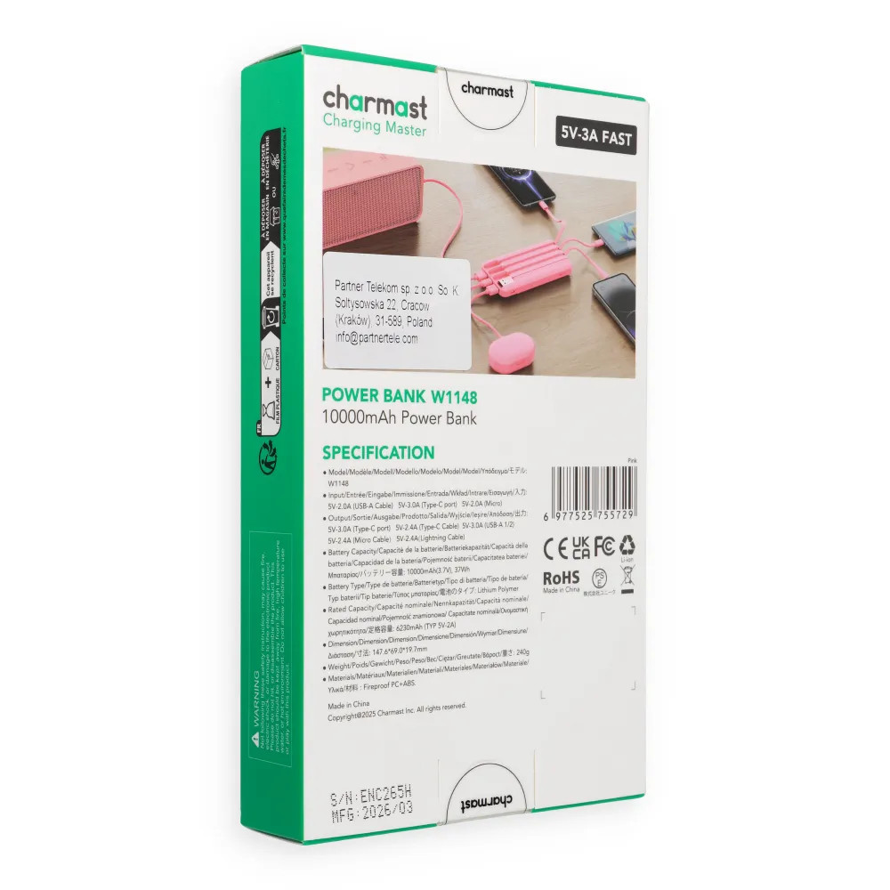 Powerbank 5V 3A 10000 mAh with built-in cables USB A / USB C / Lightning / Micro USB Charmast W1148 pink